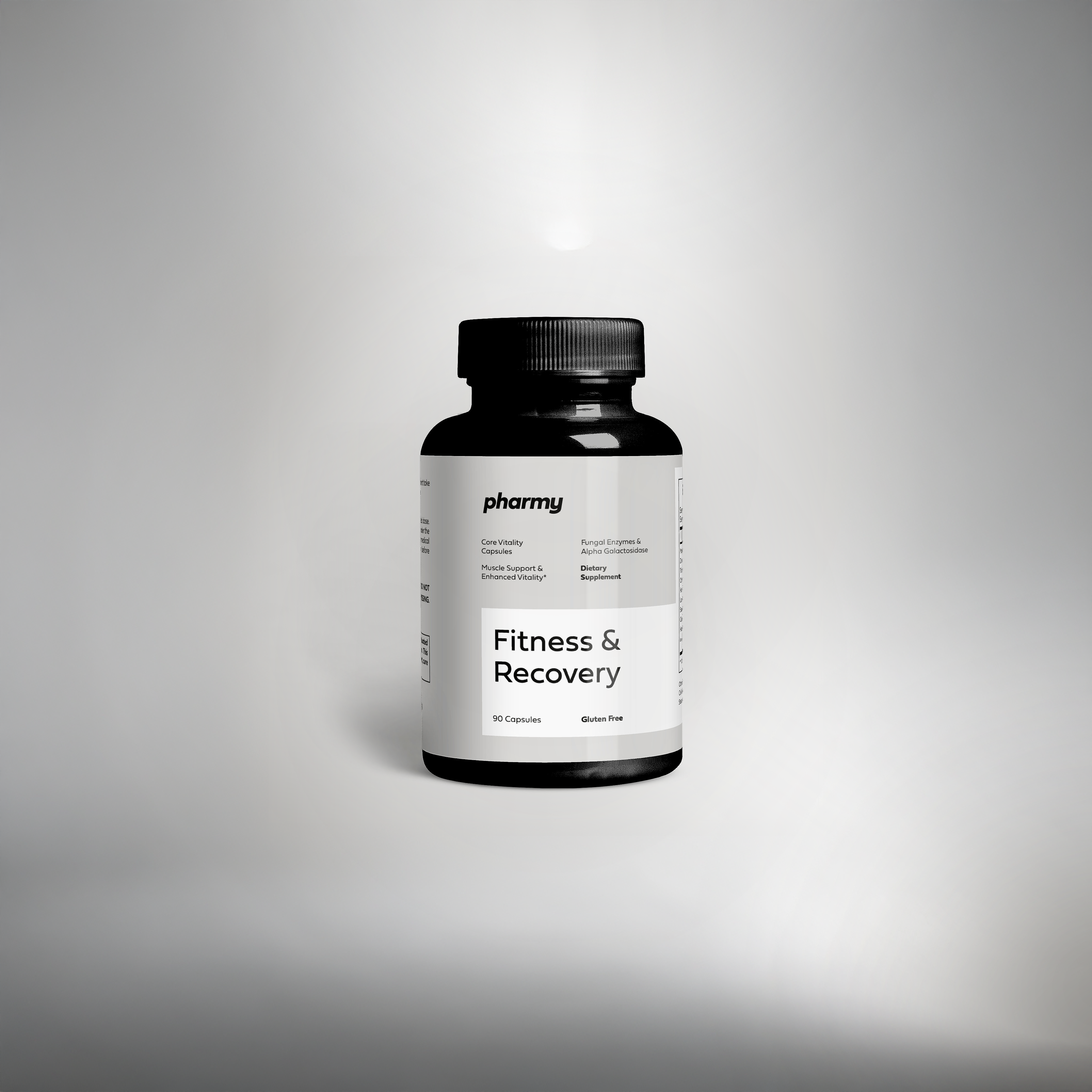 Supplement bottle labeled 'Fitness & Recovery' by 'pharmy' on a gray background