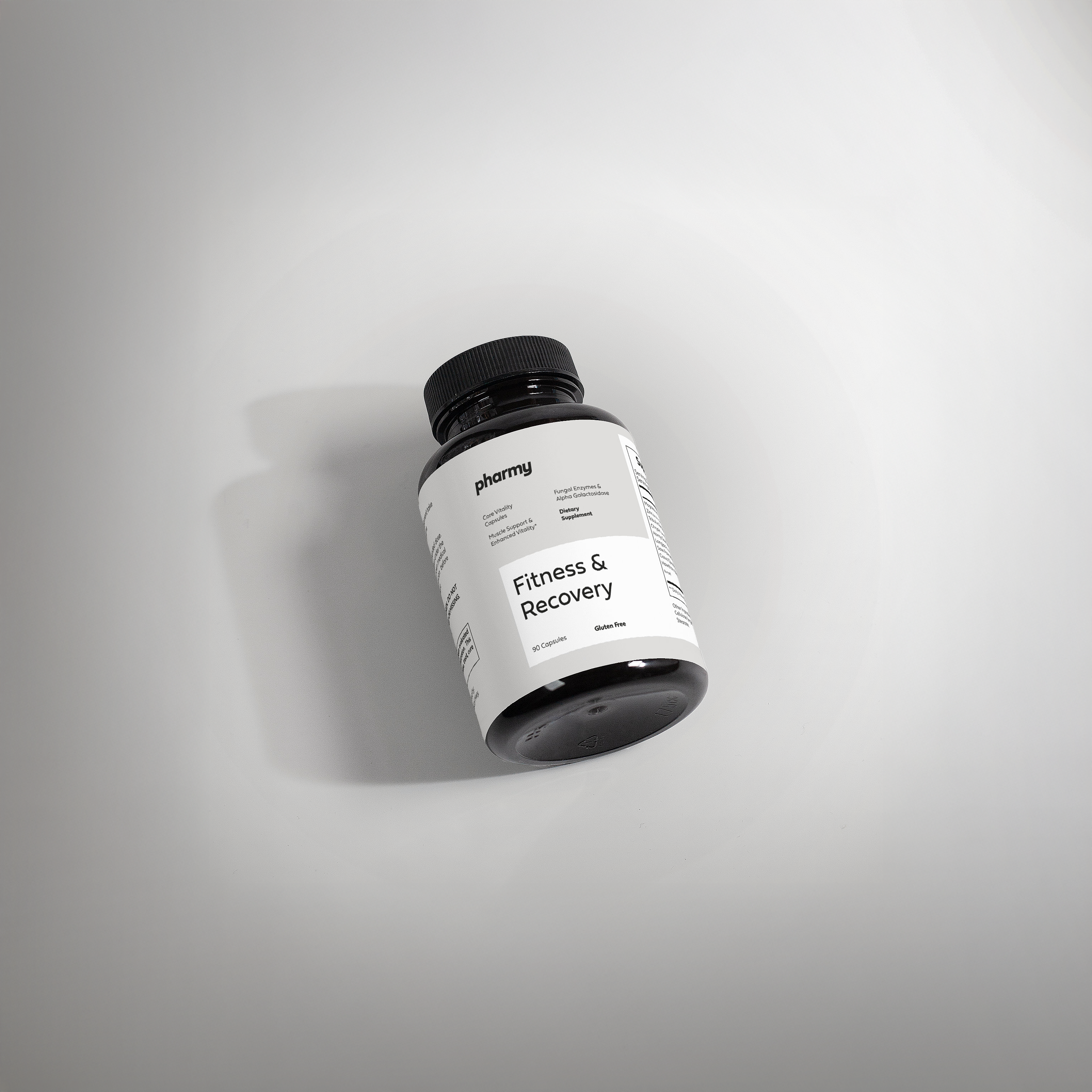 Supplement bottle labeled 'Fitness & Recovery' on a gray background