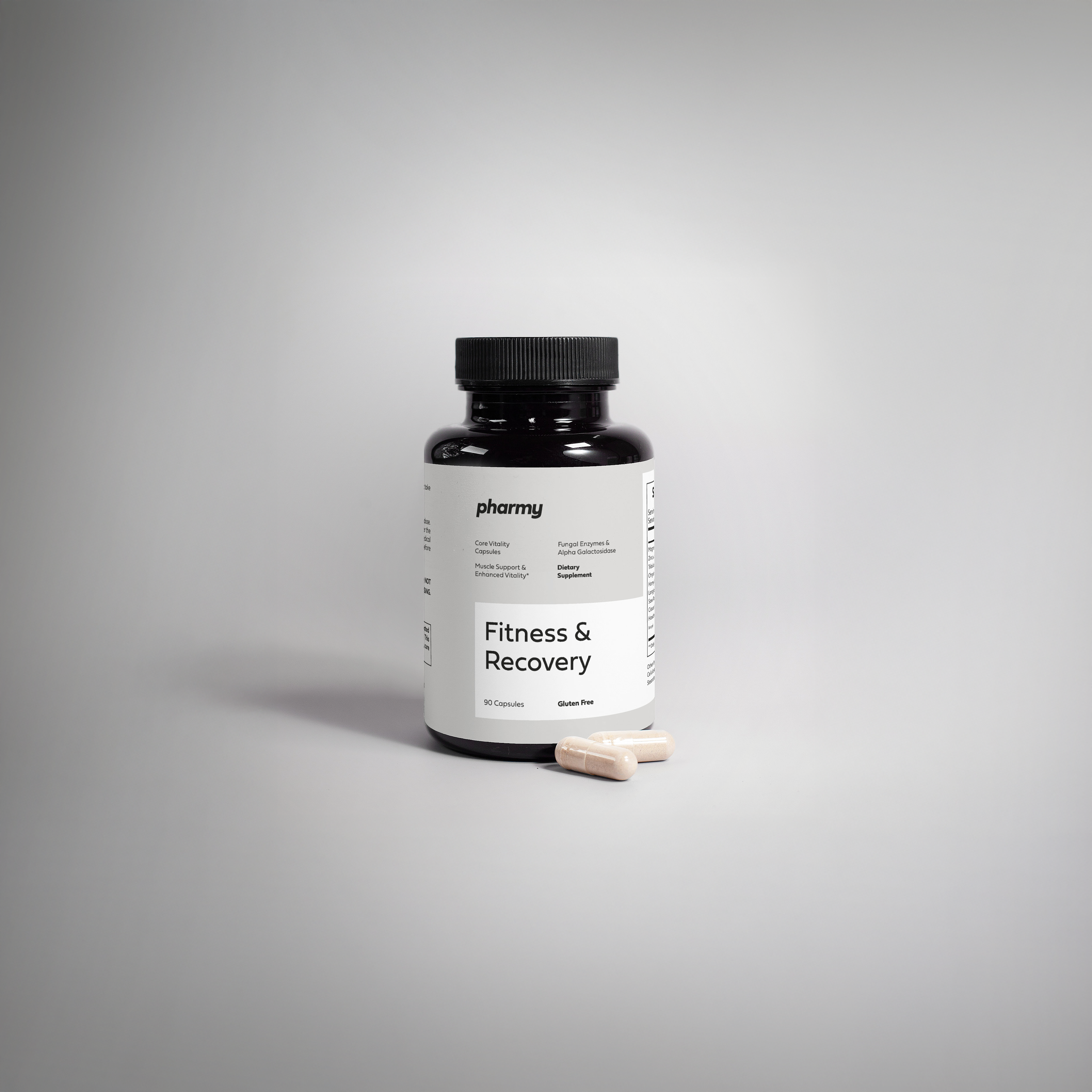 Supplement bottle labeled 'Fitness & Recovery' on a gray background