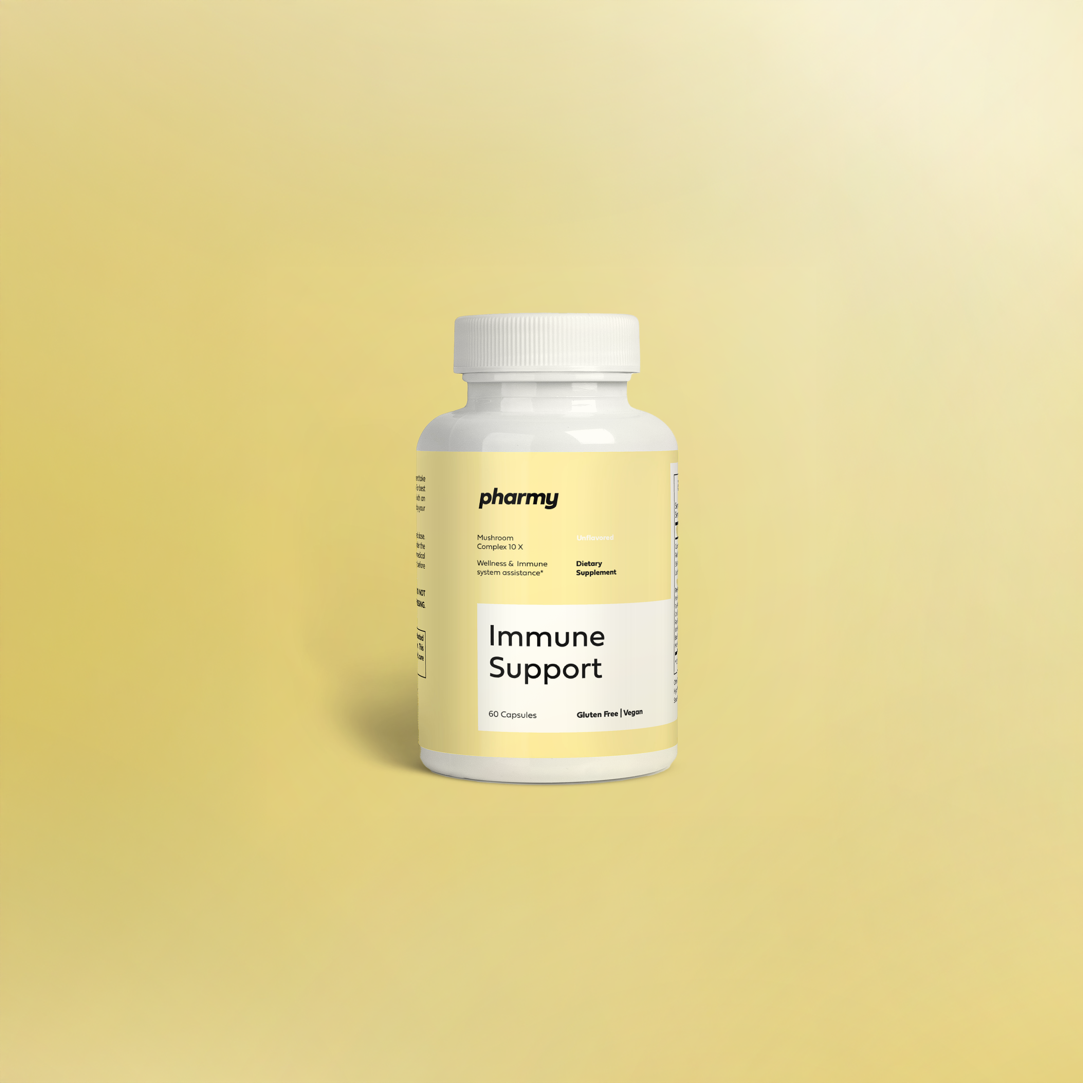 Bottle of 'Immune Support' supplement on a yellow background